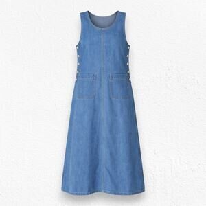 Vintage 1990s Medium Wash Denim Overall Pinafore Midi Dress Size Small Petite